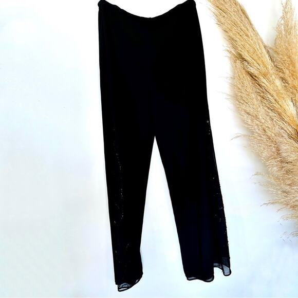 VINTAGE Black Sheer Panel Beaded Sequins High Rise Wide Leg Flare Dress Pants 8 - Picture 8 of 13